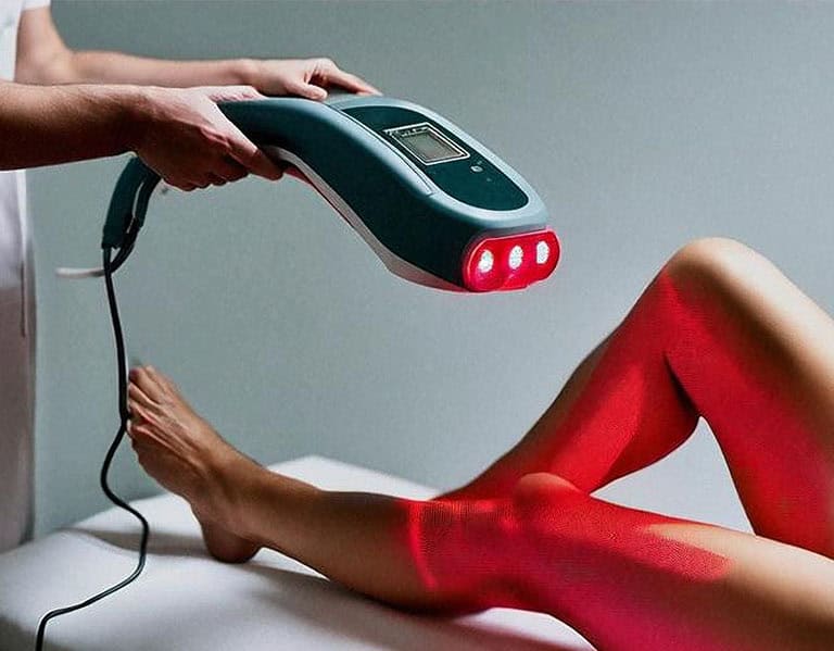 Large hand-held low-level laser device pointing red light at knee.