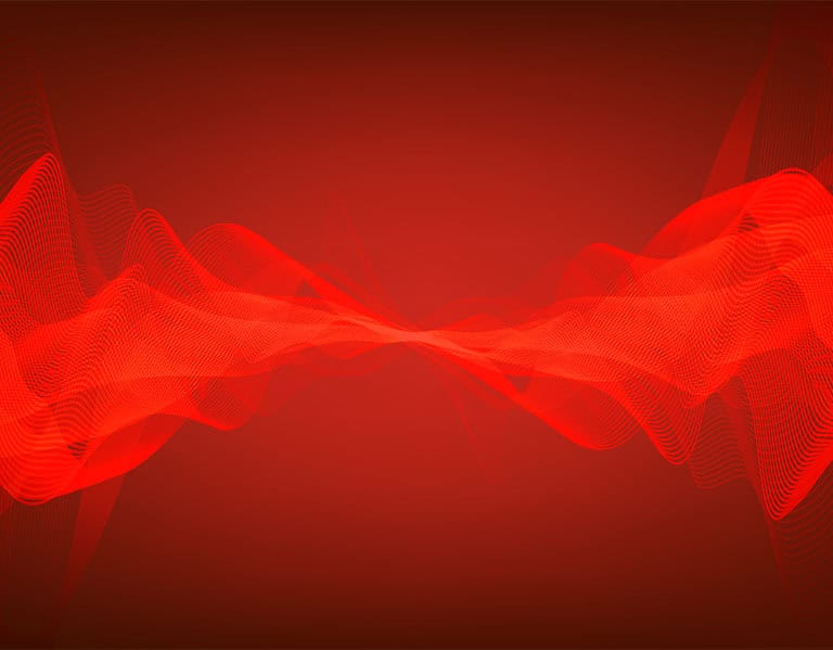 Light and sound waves that look like billowing red sheer fabric with folds.